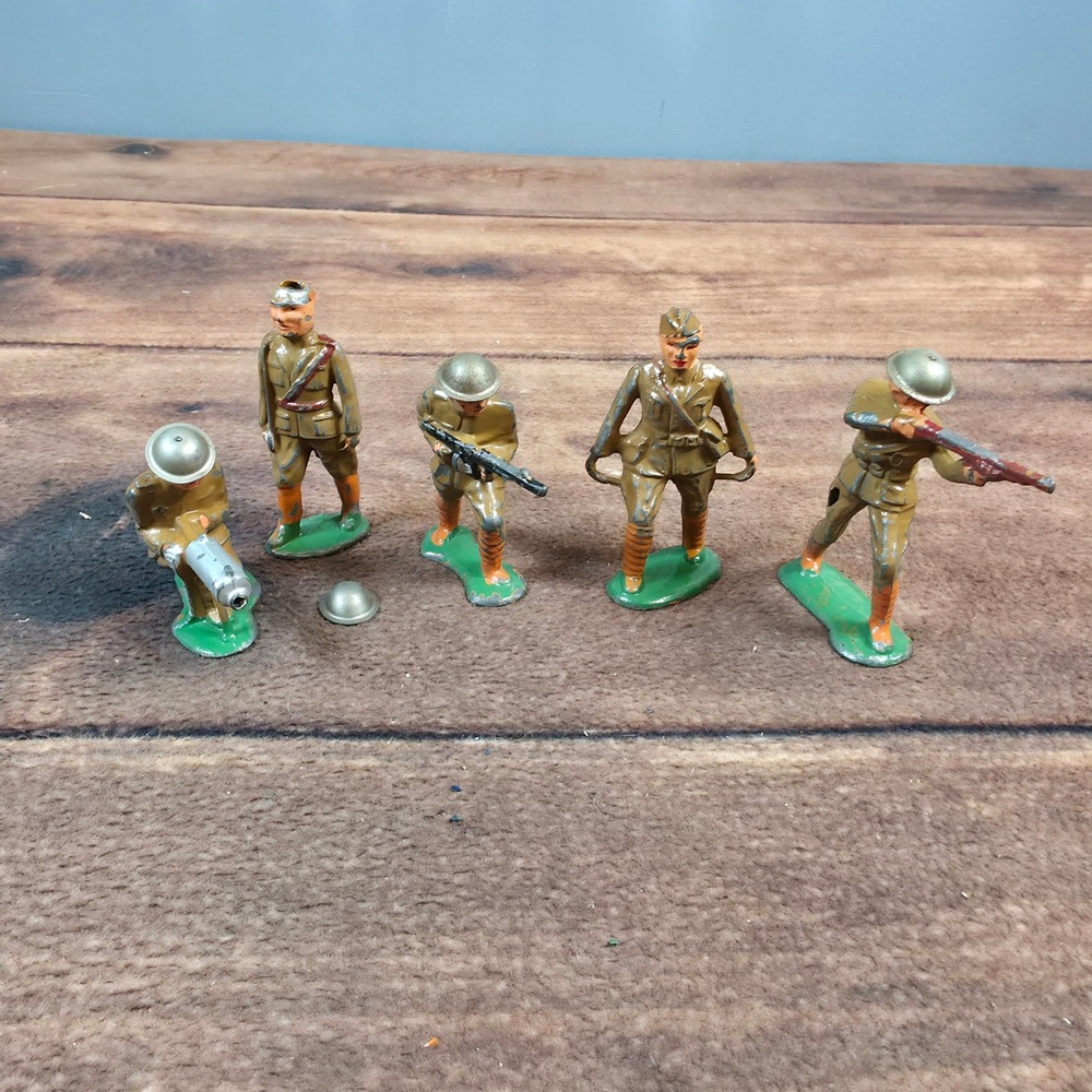 Vintage Barclay Lead Toy Soldiers Set 5pc Green Brown Hand Painted WWII